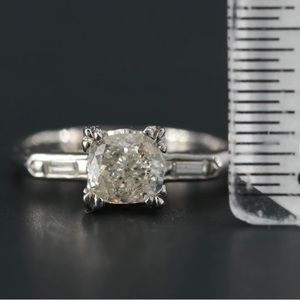 14K White Gold Cushion Natural Diamond 1ct. 2 side Baguette Cut Engagement ring